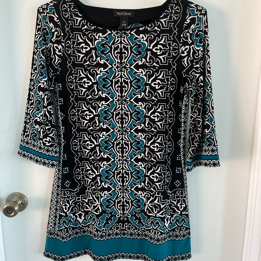 White house Black market mini dress size Small. Teal blue, black, white print